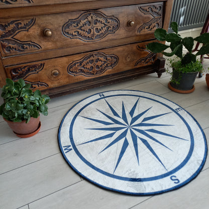 Blue Compass Carpet - Decorative Entrance Mat for Your Place, Yacht Round Carpet, Office Gift