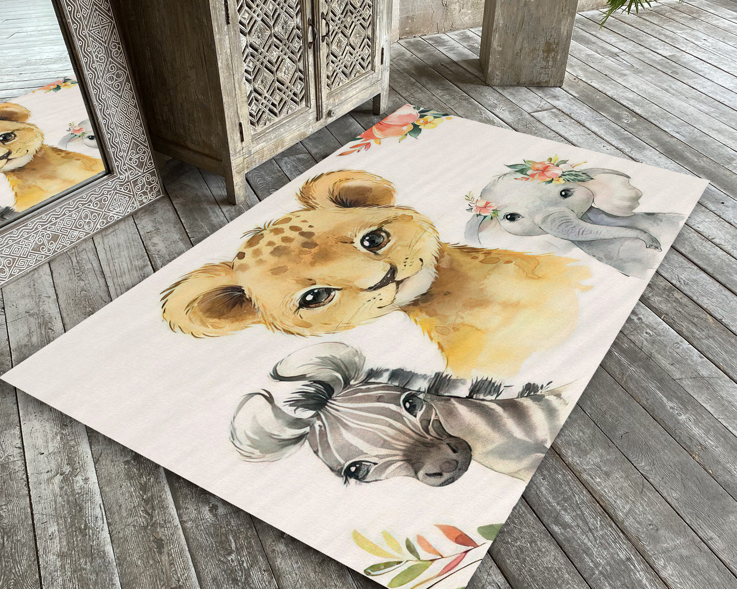 Baby Animals Rug, Lion, Zebra, Elephant, Cute Baby Room Carpet, Nursey Play Mat, Baby Gift