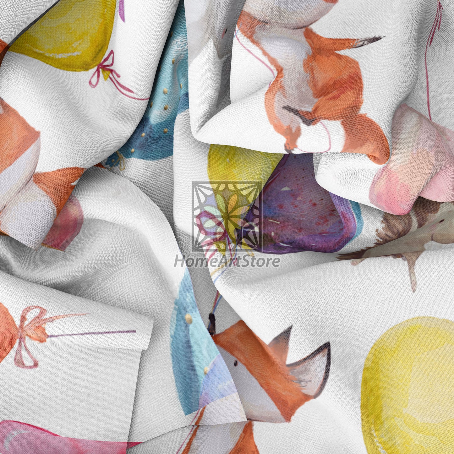 Watercolor Forest Animal Curtain, Balloon Themed Curtain, Baby Fox, Rabbit, Hedgehog Curtain, Cute Nursery Decor