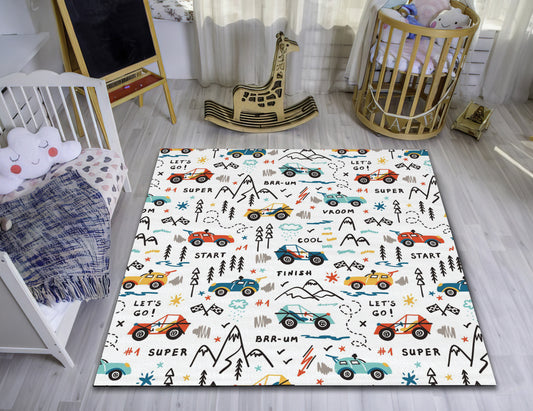 Kids Race Car Rug, Baby Room Mat, Nursery Carpet, Children Room Rug, Baby Gift