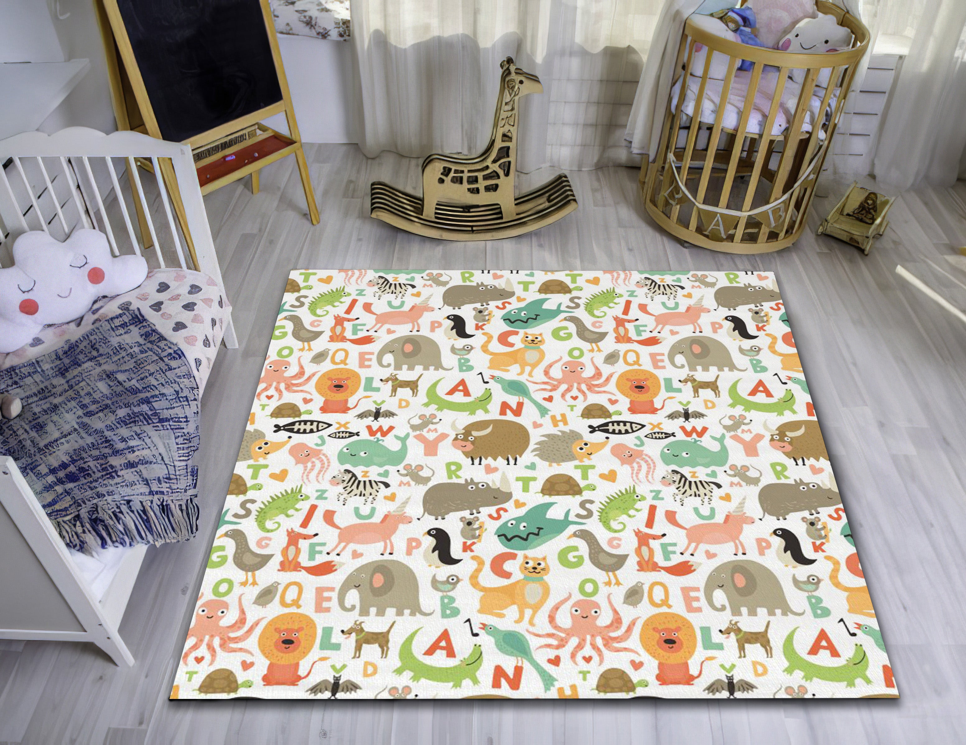 Animal Alphabet Rug, Nursery Educational Play Mat, Safari Animals Carp ...