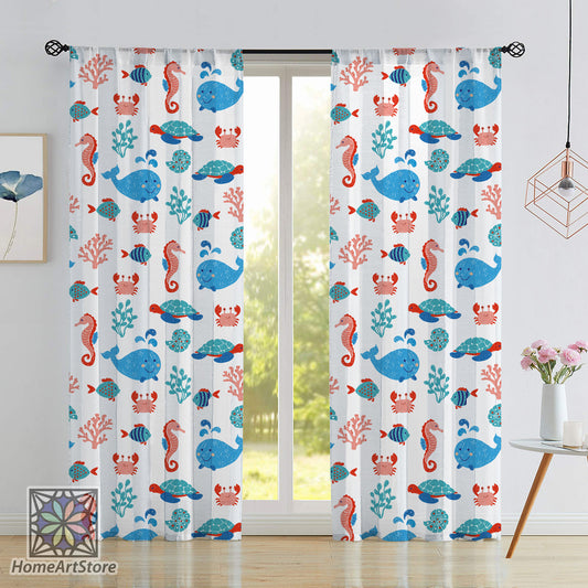 Cute Sea Animals Curtain, Blue Children Room Curtain, Whale, Turtle, Sea Horse, Fish Decor, Nursery Curtain