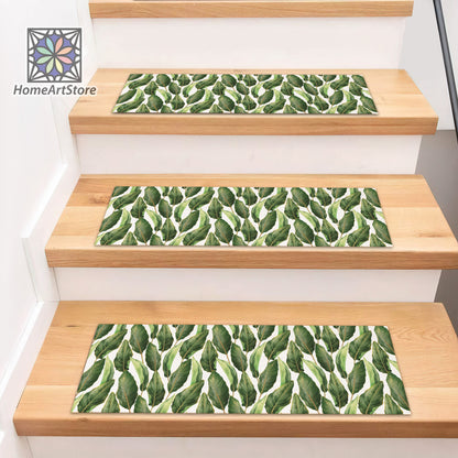 Palm Leaves Pattern Stair Rug, Boho Stair Tread Carpet, Green Color Botanical Step Mat, Tropical Home Decor