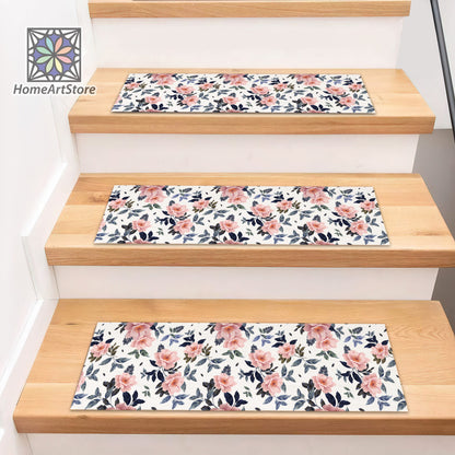 Pink Rose Pattern Stair Rugs, Pastel Color Floral Step Mats, Flower Stair Tread Carpet, Bohemian Decor