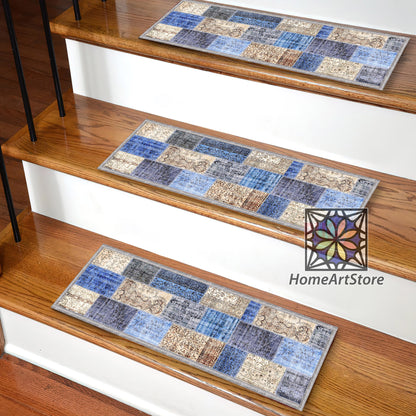 Patchwork Stair Rugs, Scandinavian Stair Treads Mats, Bohemian Decor, Entryway Stair Carpet, Boho Stair Treads Rugs