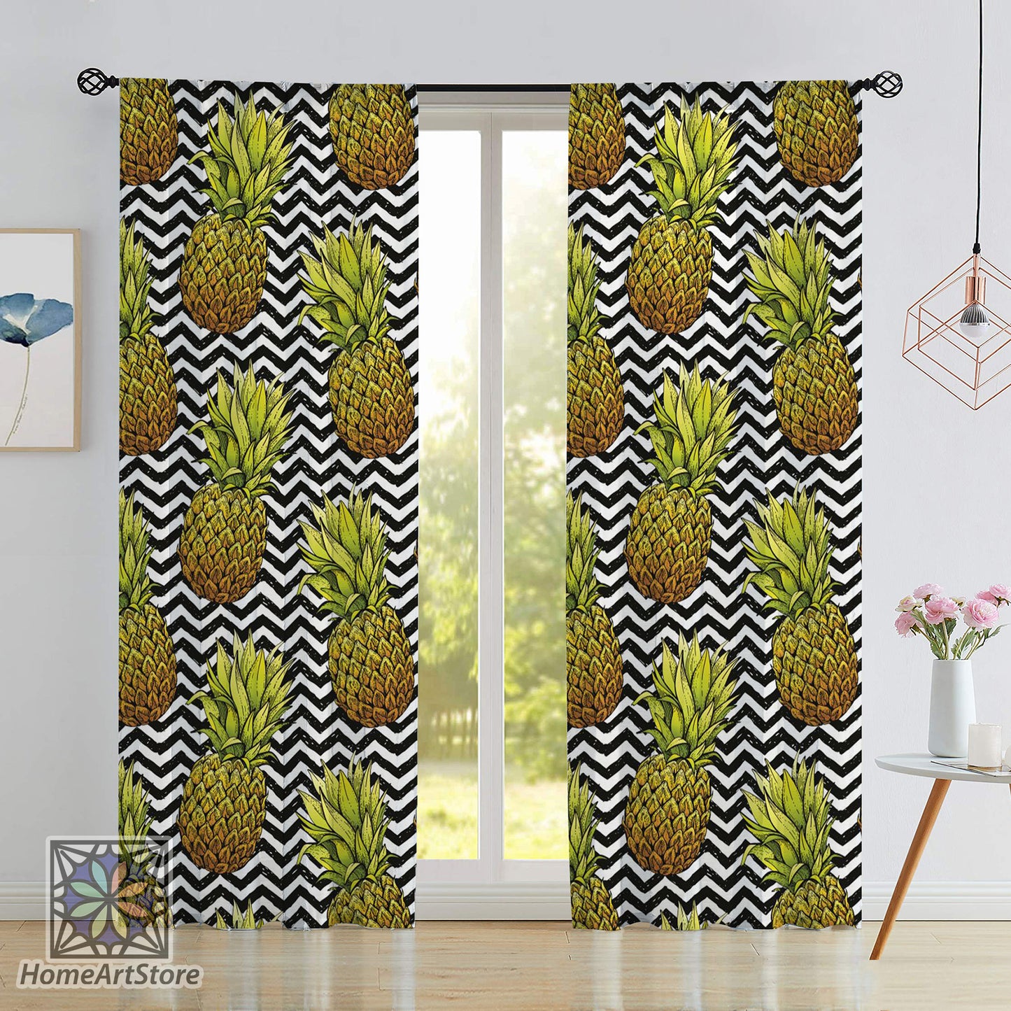 Pineapple Themed Curtain, Kitchen Curtain, Fruit Pattern Decor, Dining Room Curtain