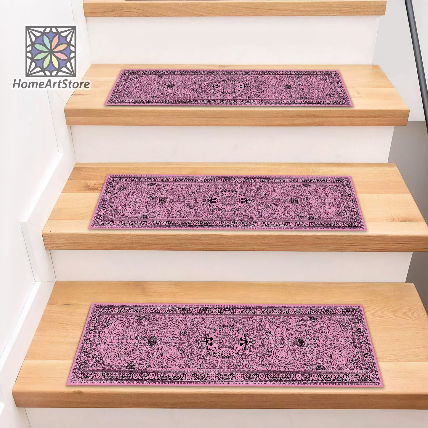 Pink Boho Stair Mats, Scandinavian Stair Carpet, Boho Style Stair Rugs, Cool Stair Tread Rugs, Nonslip Backing Step Rugs