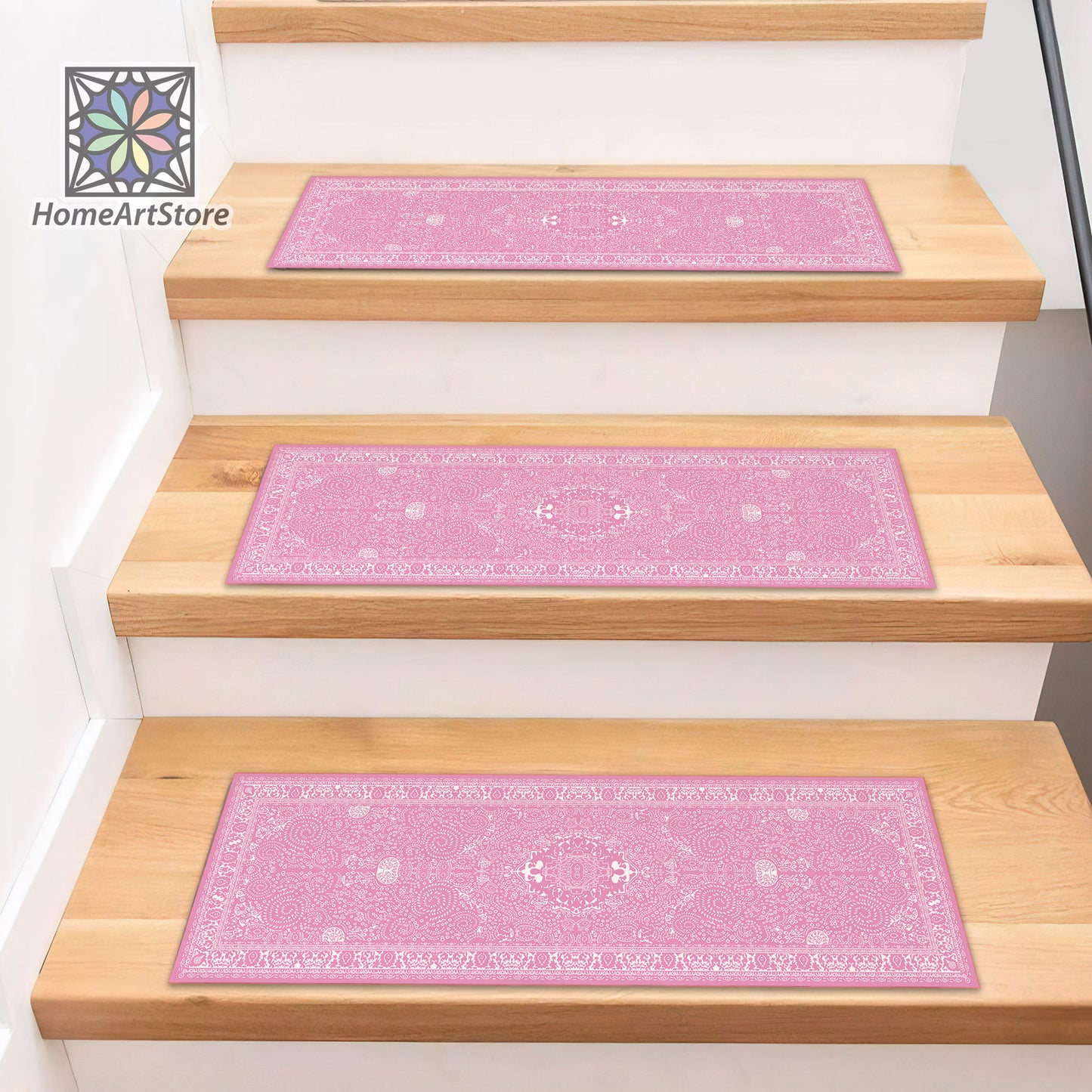Pink and White Boho Stair Mats, Scandinavian Stair Carpet, Boho Style Stair Rugs, Cool Stair Tread Rugs, Nonslip Backing Step Rugs