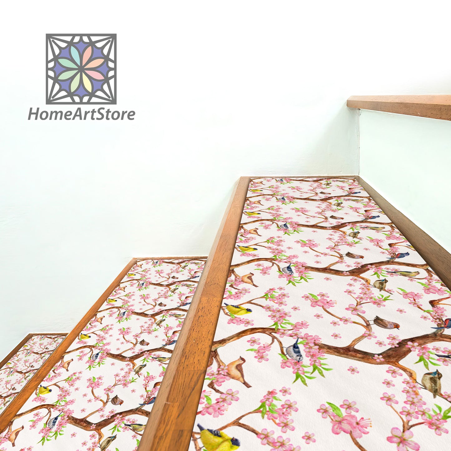 Pink Flower Blossom Step Rugs, Birds Pattern Stair Mats, Floral Tread Carpet, Bohemian Home Decor, Minimal Stair Rug