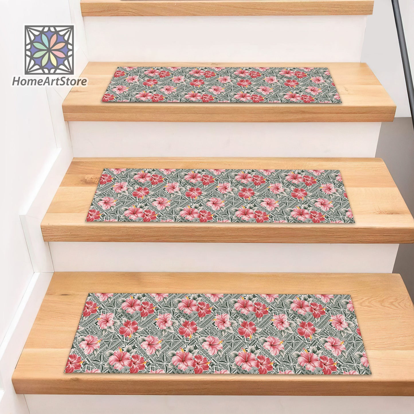 Pink Hibiscus Pattern Stair Rugs, Flower Printed Stair Tread Mats, Hawaiian Stair Step Carpet, Tribal Motif Rug