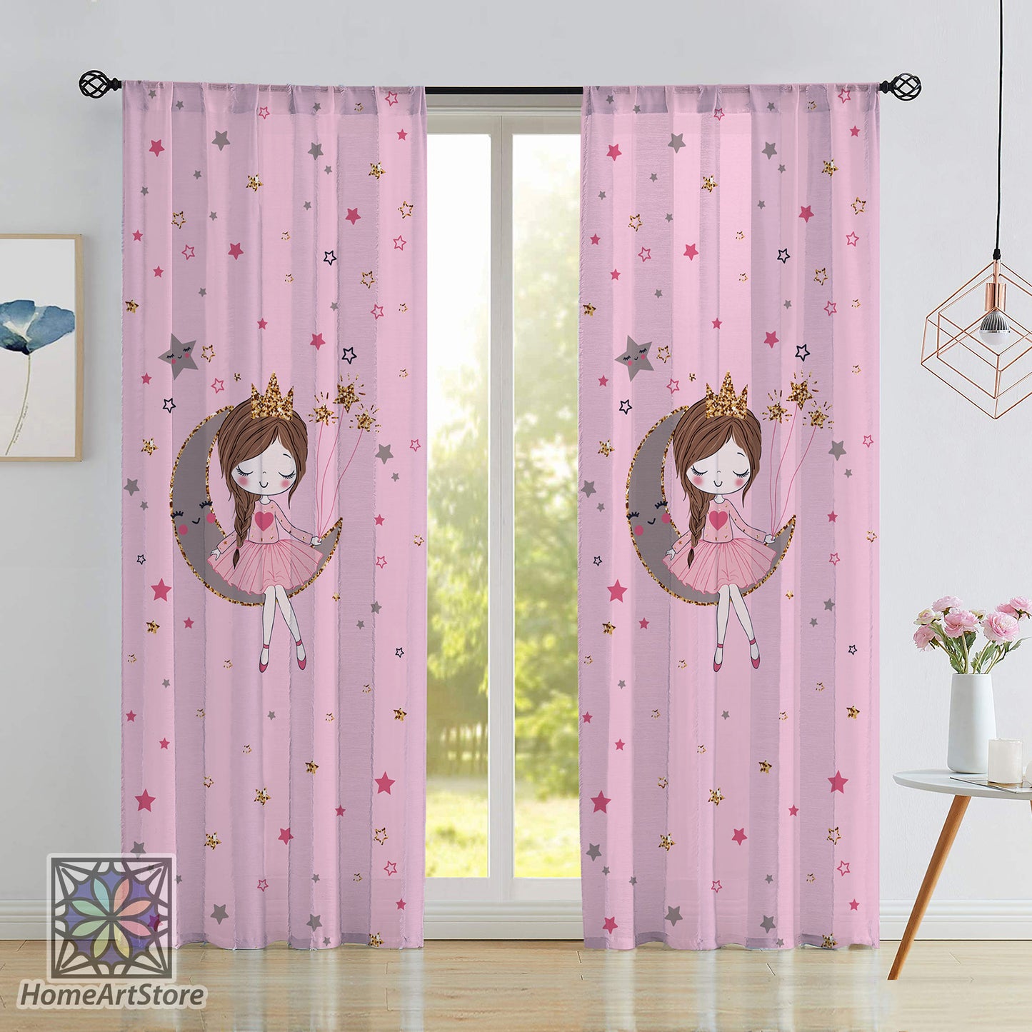 Pink Cute Princess Curtain, Baby Girl Room Curtain, Nursery Decor, Moon Themed Curtain, Baby Shower Gift