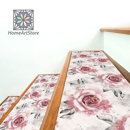 Pink Rose Pattern Stair Rug, Cool Stair Tread Rugs, Easy to Clean Stair Mats, Machine Washable Floral Stair Mat, Modern Step Rug