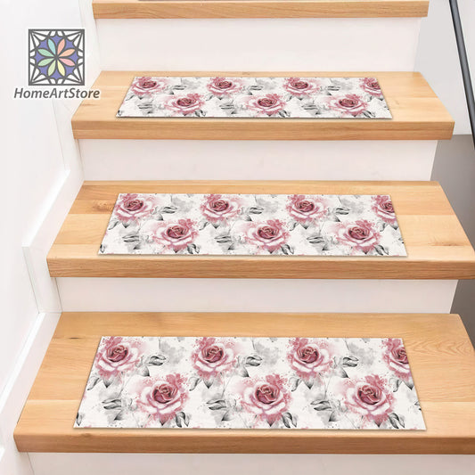 Pink Rose Pattern Stair Rug, Cool Stair Tread Rugs, Easy to Clean Stair Mats, Machine Washable Floral Stair Mat, Modern Step Rug