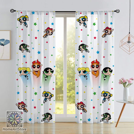 Power Puff Girls Curtain, Cartoon Cute Girl Themed Curtain, Girl Room Curtain, Sisters Room Decor, Baby Girl Gift