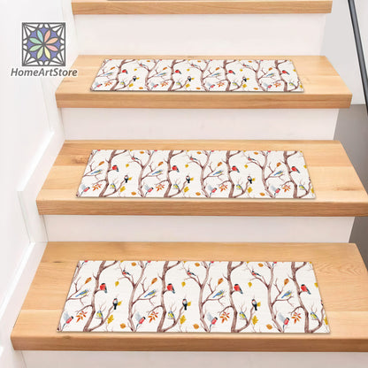Birds Patterned Stair Rugs, Modern Stair Treads Carpet, Non-Slip Backing Mats, Machine Washable Rug