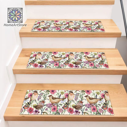 Meadow Flower Pattern Stair Rugs, Floral Stair Treads Mats, Bird Mat for Stair, Nonslip Step Mat, Bohemian Stair Carpet, Housewarming Gift