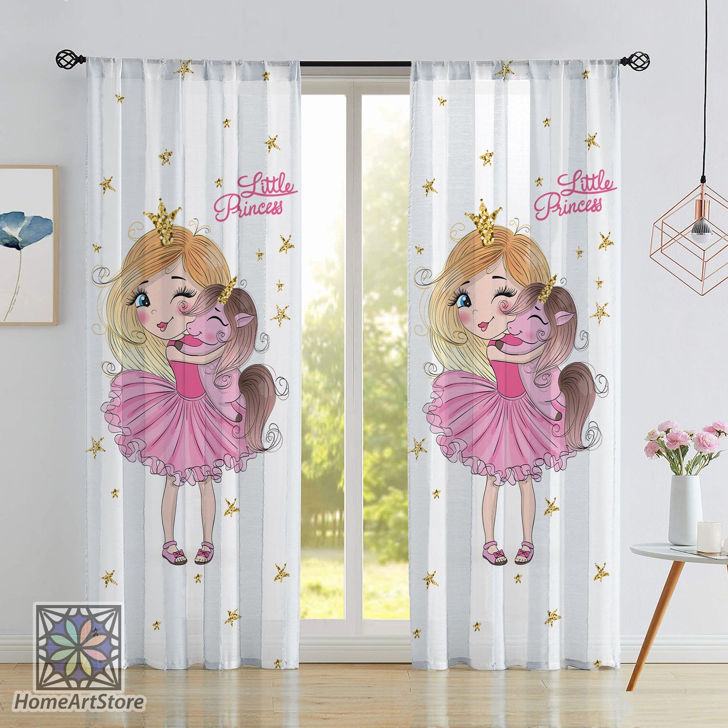 Little Princess with Curtain, Unicorn Themed Curtain, Pink Color Baby Room Curtain, Nursery Decor, Sweet Girl Room Curtain