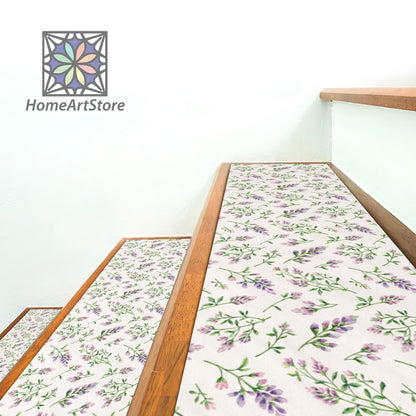 Purple Flower Pattern Stair Rugs, Alfalfa Flower Step Mats, Botanical Decor, Modern Stair Step Carpet