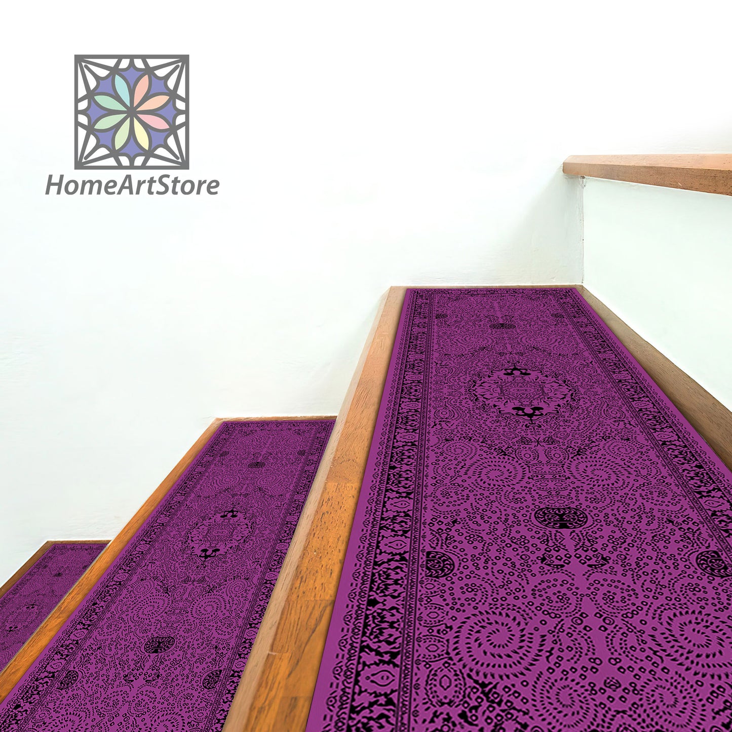 Purple Boho Stair Mats, Scandinavian Stair Rugs, Bohemian Style Stair Mats, Cool Stair Tread Carpet, Nonslip Backing Modern Step Rugs