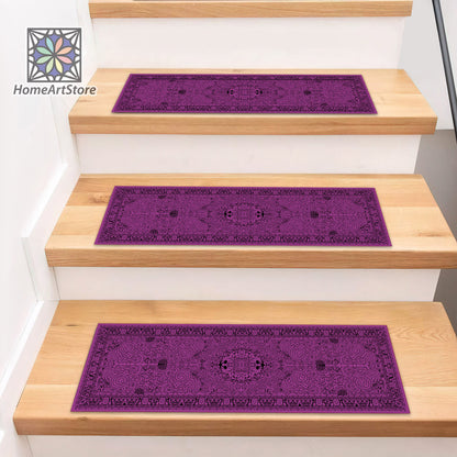 Purple Boho Stair Mats, Scandinavian Stair Rugs, Bohemian Style Stair Mats, Cool Stair Tread Carpet, Nonslip Backing Modern Step Rugs