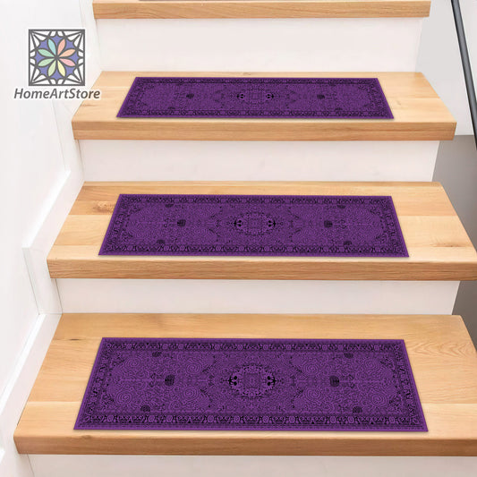 Scandinavian Stair Step Rugs, Purple Boho Style Stair Mats, Cool Stair Tread Carpet, Nonslip Backing Modern Step Rugs