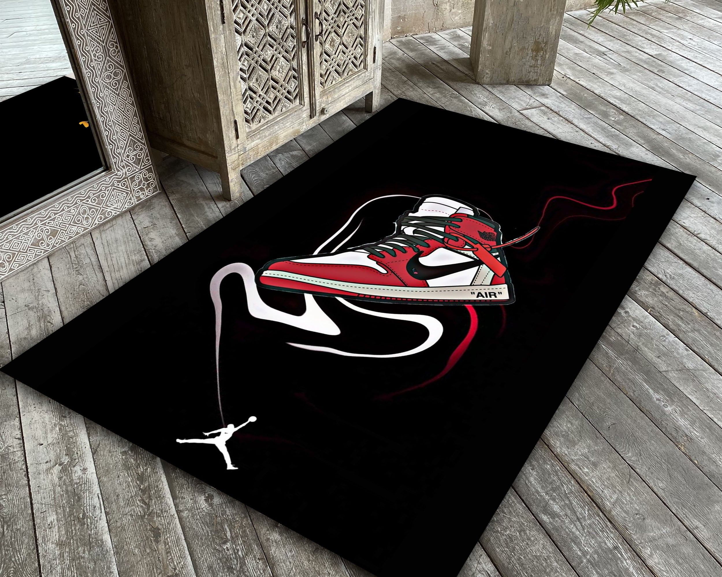 Black Jump man Rug, Jordan Carpet, Sneaker Room Mat, Sneakerhead Decor ...