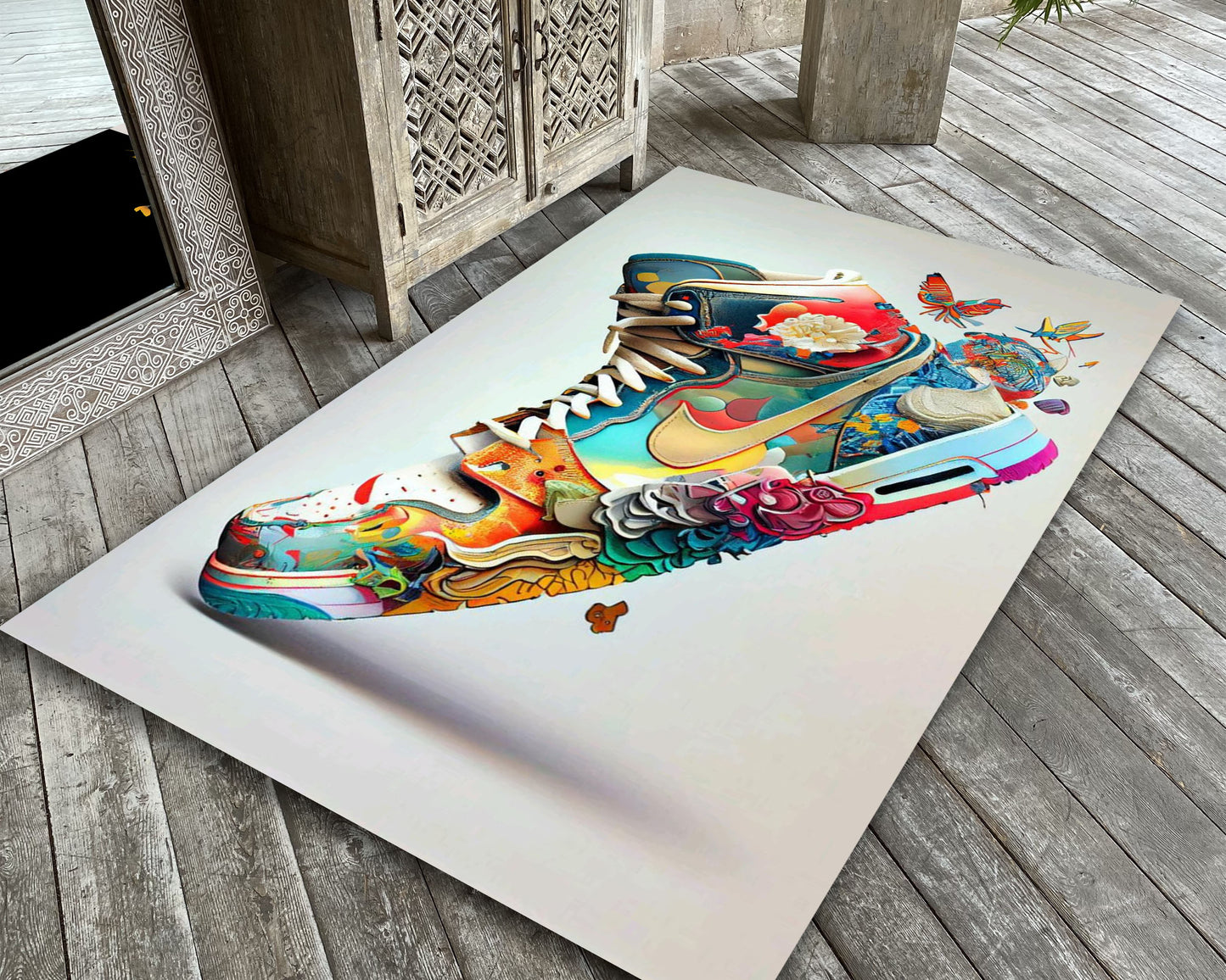 Botanical Nike Rug, Butterfly Sneaker Carpet, Sneaker Room Mat, Street Fashion Decor, Sneaker Lovers Gift