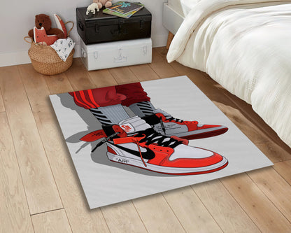 Off White Rug, Air Jodan Carpet, Red Sneaker Mat, Street Fashion Decor, Teenage Room Rug, Jordan Gift