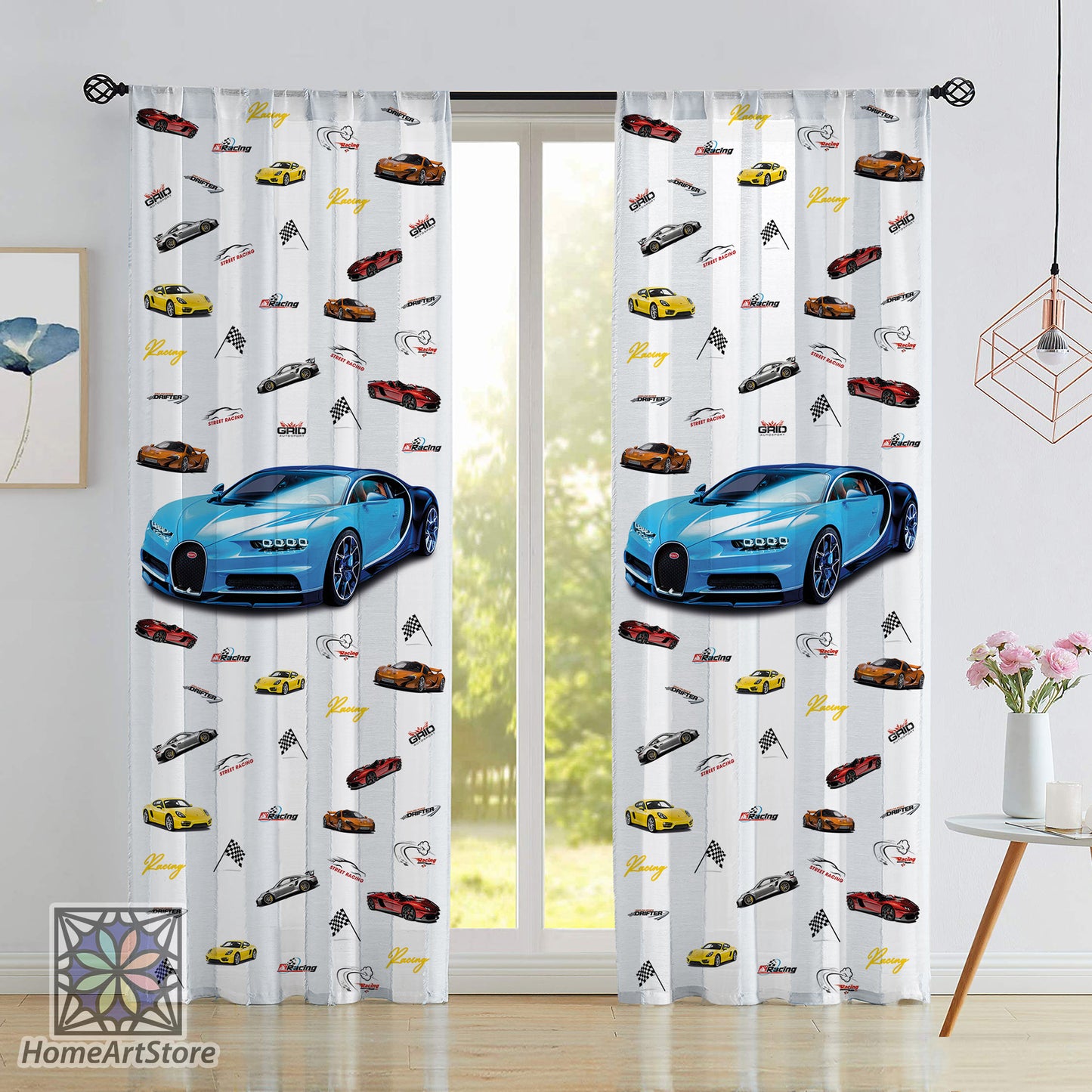 Blue Race Car Curtain, Car Patterned Curtain, Baby Boys Room Decor, Nursey Curtain, Baby Shower Curtain