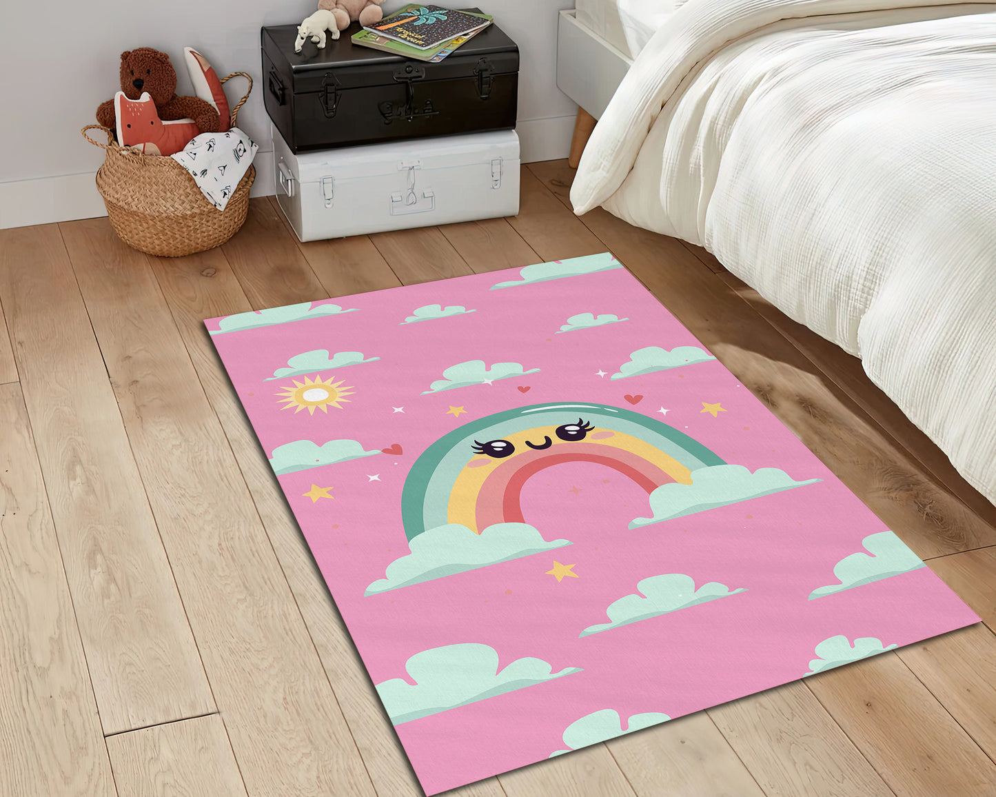 Kitty Cat Printed Rug, Children Room Decor, Rainbow Themed Carpet, Pink Baby Room Mat, New Born Baby Gift