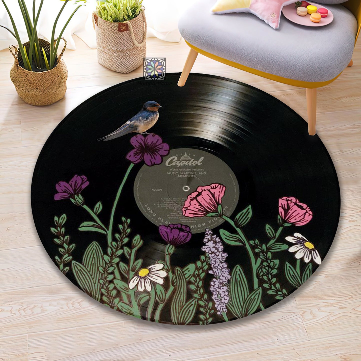 Record Shaped Rug, Bird Themed Carpet, Floral Mat, Minimalist Home Decor, Flower Rug
