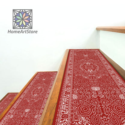 Scandinavian Stair Rugs, Red and White Boho Style Stair Mats, Modern Stair Tread Carpet, Nonslip Backing Cool Stair Step Rugs