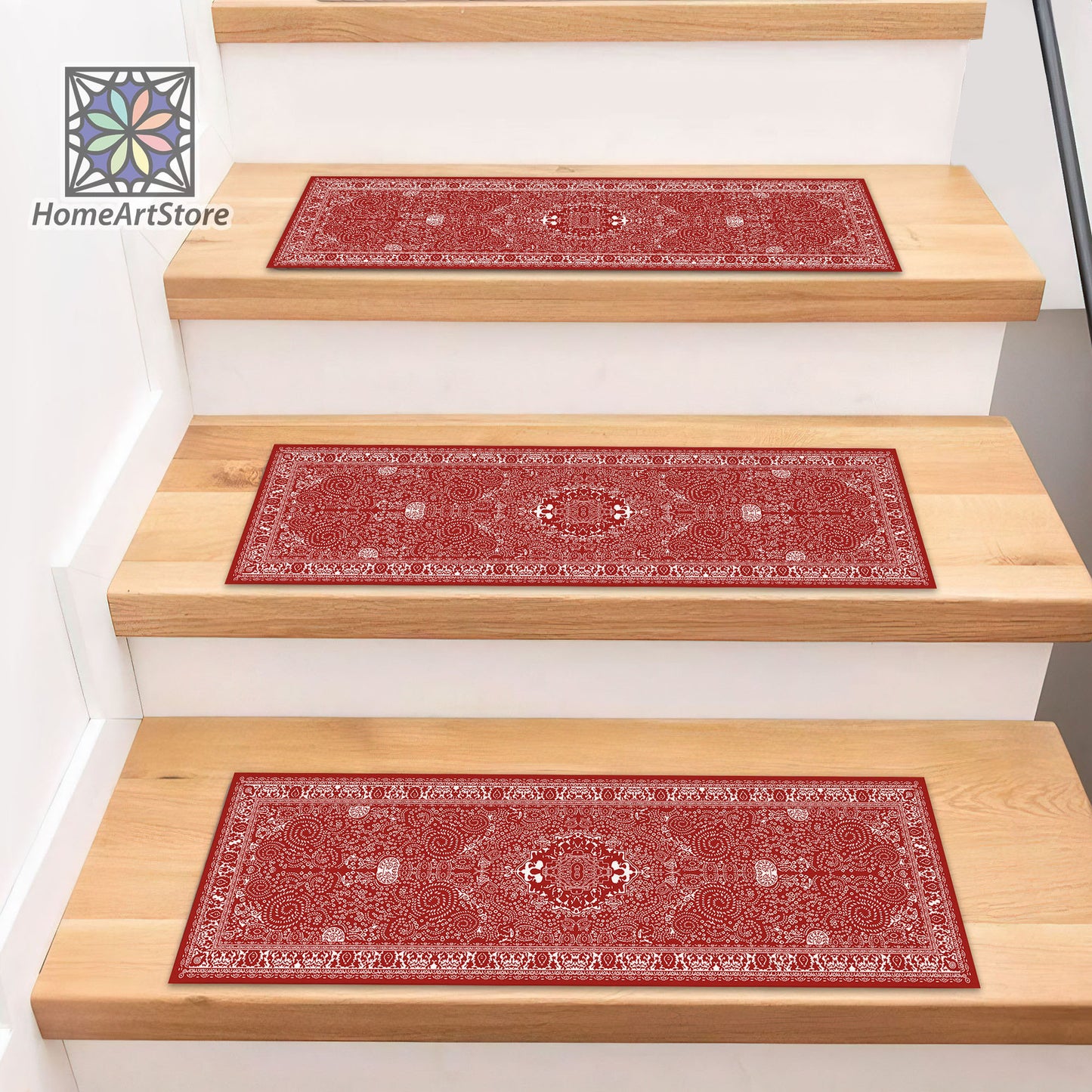 Scandinavian Stair Rugs, Red and White Boho Style Stair Mats, Modern Stair Tread Carpet, Nonslip Backing Cool Stair Step Rugs