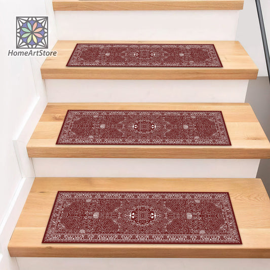 Red and White Boho Style Stair Rugs, Cool Stair Tread Carpet, Oriental Stair Mats, Nonslip Step Rugs, Modern Step Mats