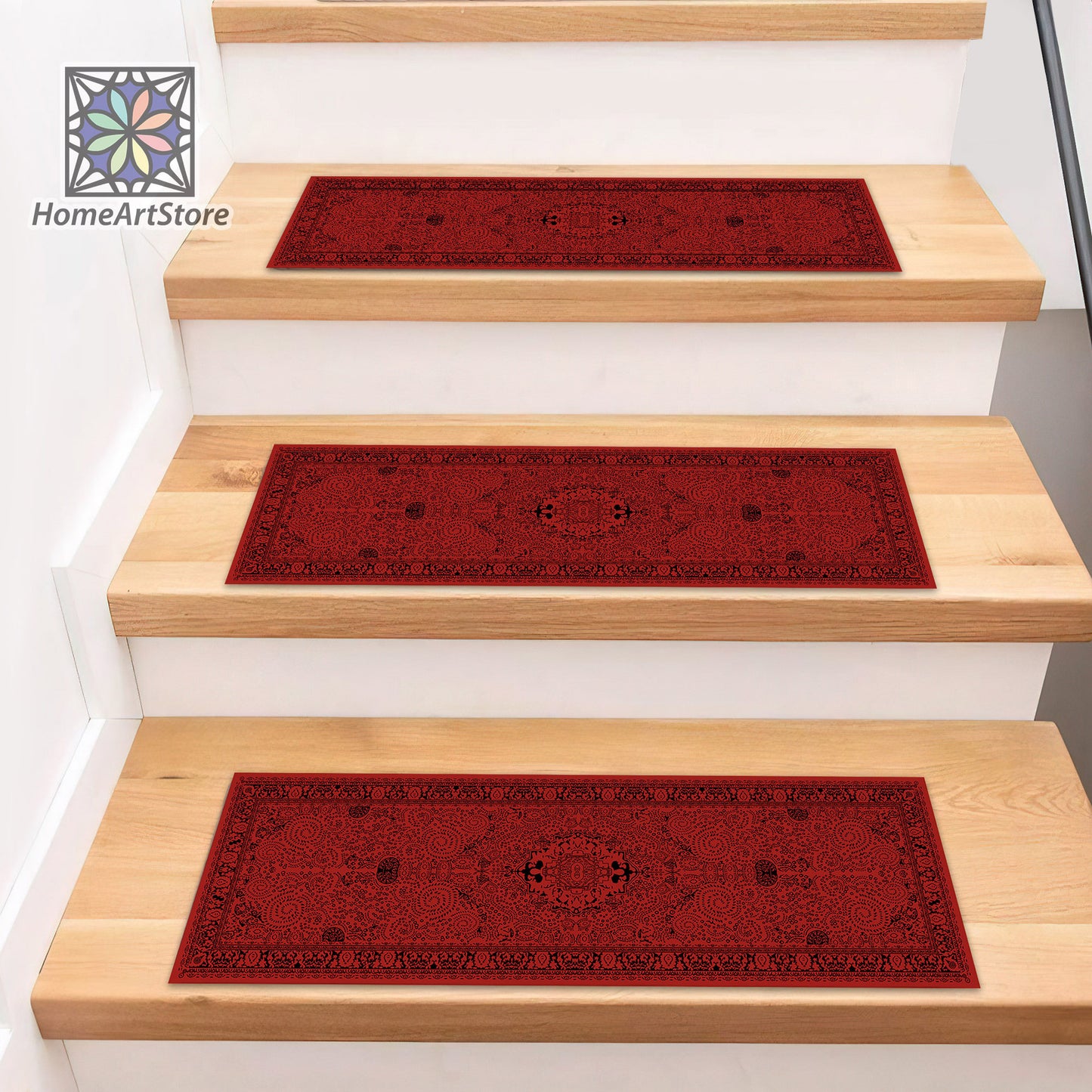 Scandinavian Stair Step Mats, Red and Black Boho Style Stair Mats, Cool Stair Tread Carpet, Nonslip Backing Modern Step Rugs