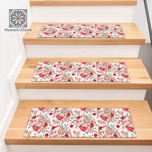 Red Flowers Stair Rug, Flower Stair Treads Mats, Rose Patterns Step Carpet, Non-Slip Stair Step Rugs