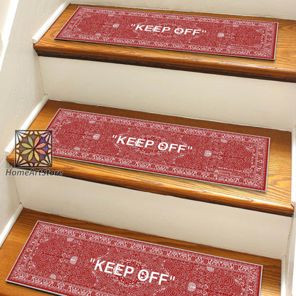 Red and White Keep Off Stair Rugs, Keepoff Stair Treads Mats, Street Fashion, Non-Slip Stair Step Rugs, Hypebeast Stair Carpet