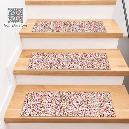 Floral Pattern Stair Step Rugs, Red Meadow Flower Step Mats, Bohemian Stair Carpet, Colorful Step Mat