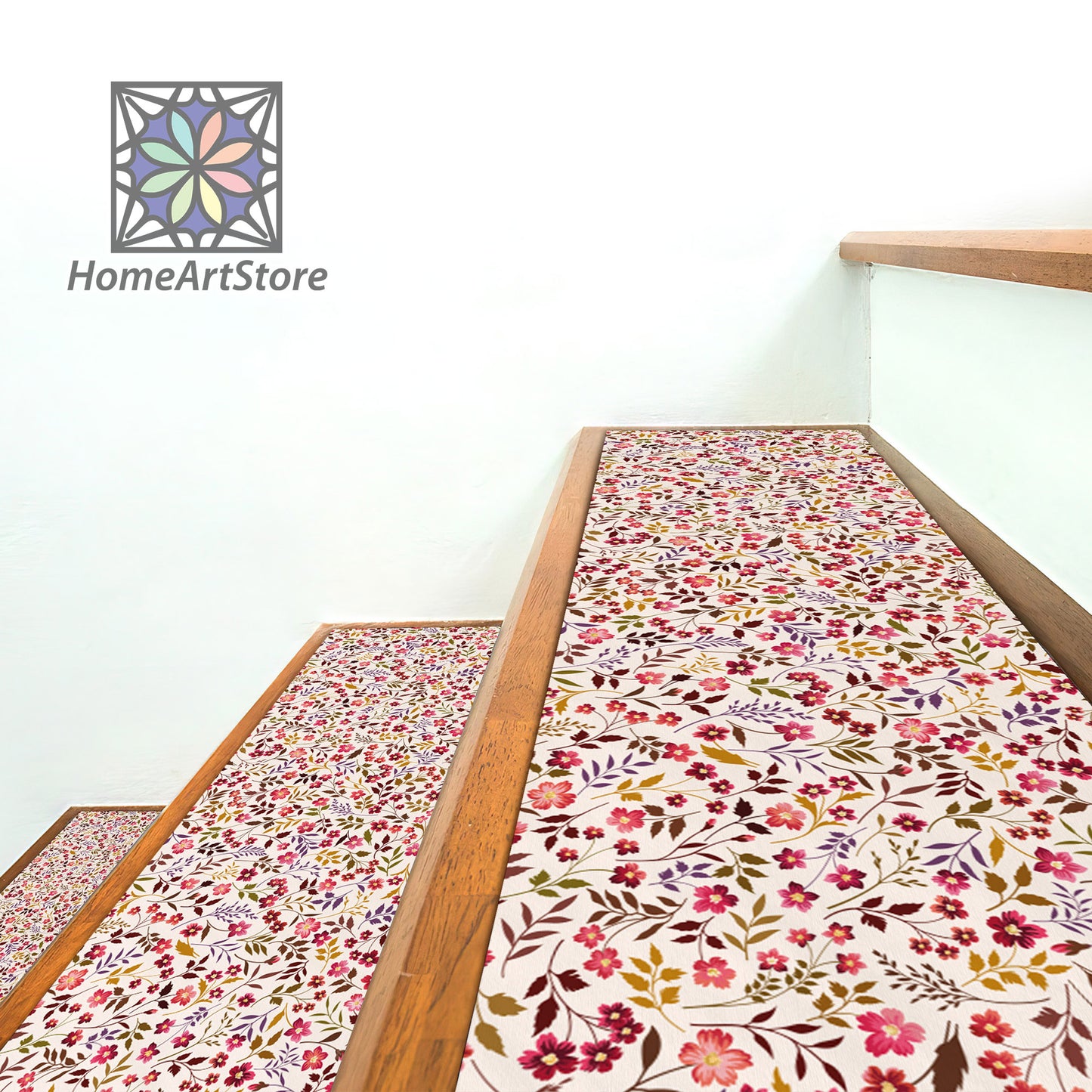 Floral Pattern Stair Step Rugs, Red Meadow Flower Step Mats, Bohemian Stair Carpet, Colorful Step Mat