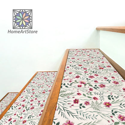 Red Meadow Flower Pattern Stair Rugs, Floral Stair Tread Carpet, Modern Stair Mats, Boho Style Step Rug