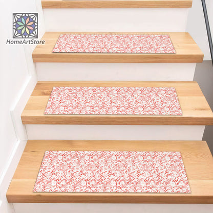 Geometric Themed Stair Step Rugs, Red and White Boho Style Stair Mats, Non-Slip Stair Step Rug, Housewarming Gift