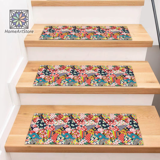 Colorful Patchwork Stair Rugs, Rose Flower Stair Step Mats, Floral Stair Mats, Boho Stair Carpet