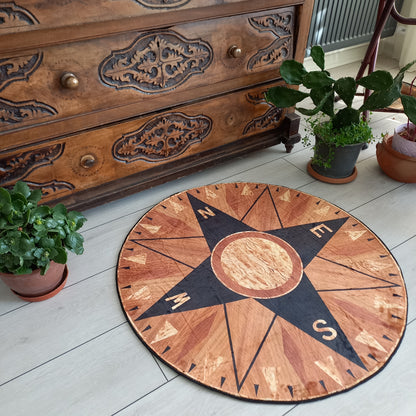 Wooden Compass Themed Carpet – Yacht Decoration, Entrance Mat, Office Area Carpet