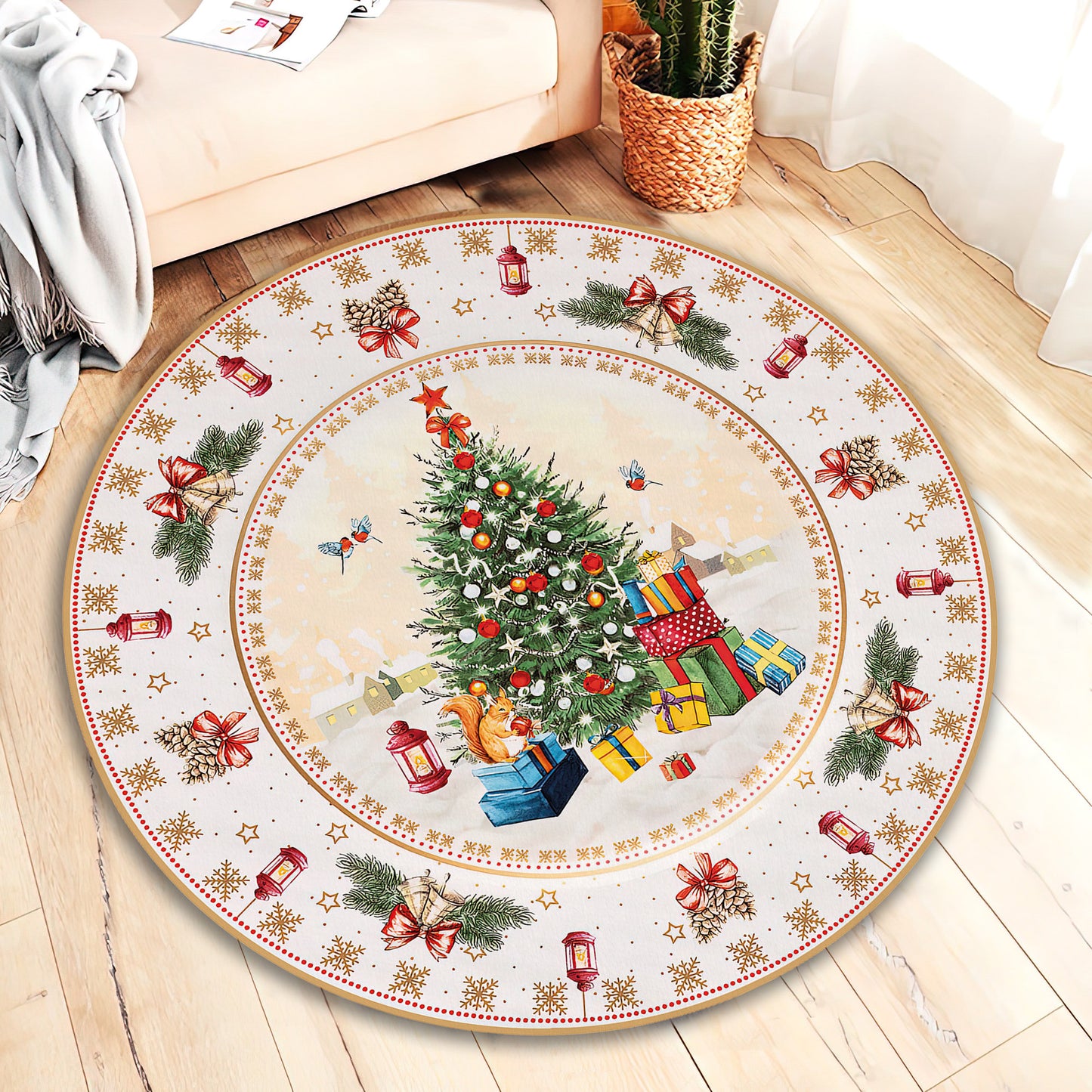 Christmas Tree Themed Rug, Xmas Round Carpet, Christmas Ornaments, New Year Mat, Christmas Gift