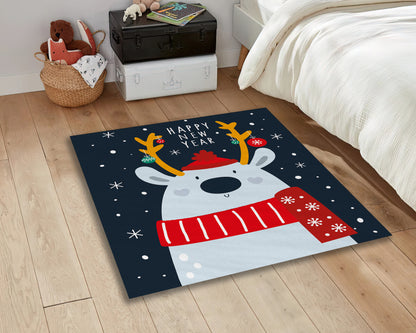 Christmas Rug, Happy New Year Rug, Reindeer Themed Carpet, Xmas Decor, New Year Gift