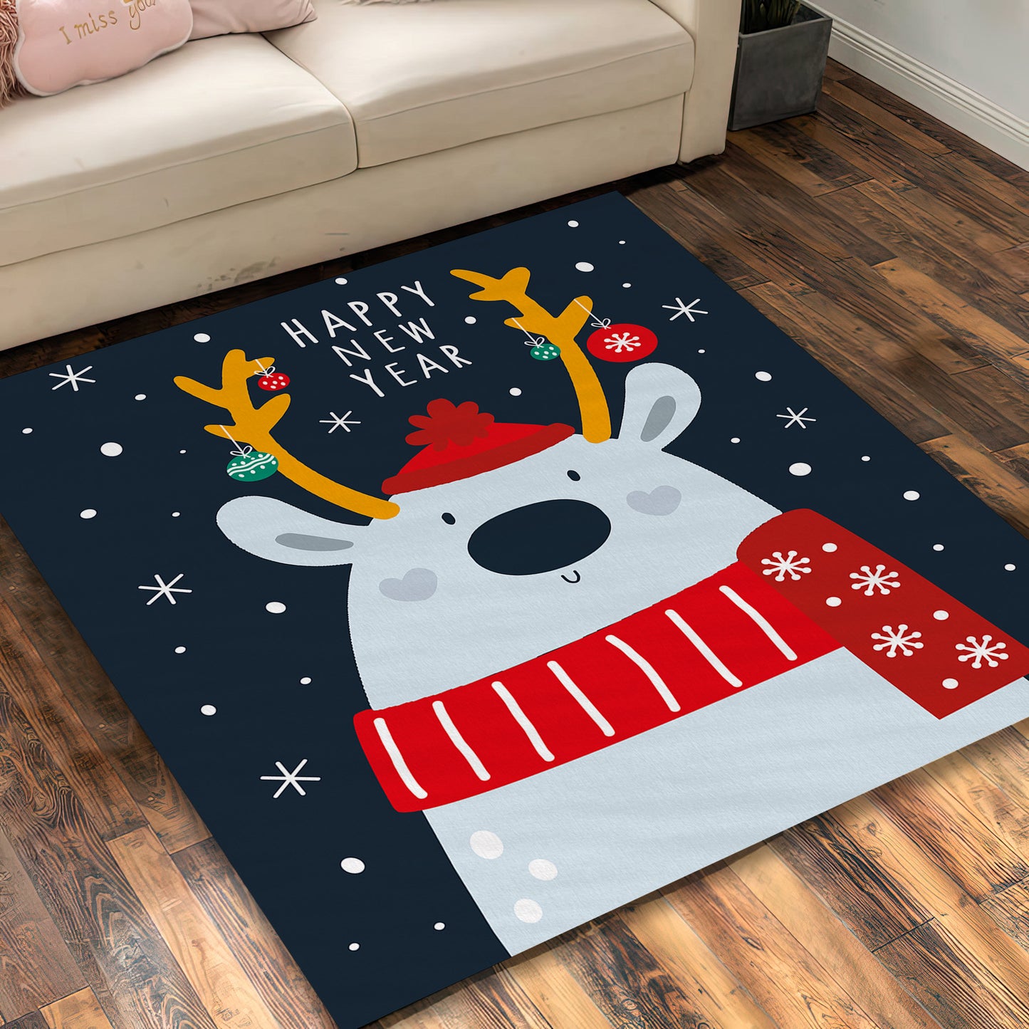 Christmas Rug, Happy New Year Rug, Reindeer Themed Carpet, Xmas Decor, New Year Gift