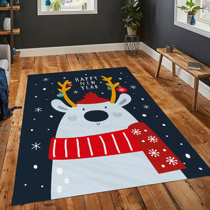 Happy New Year Rug, Reindeer Carpet, Christmas Rug, Snowflake Carpet, Xmas Decor, New Year Gift