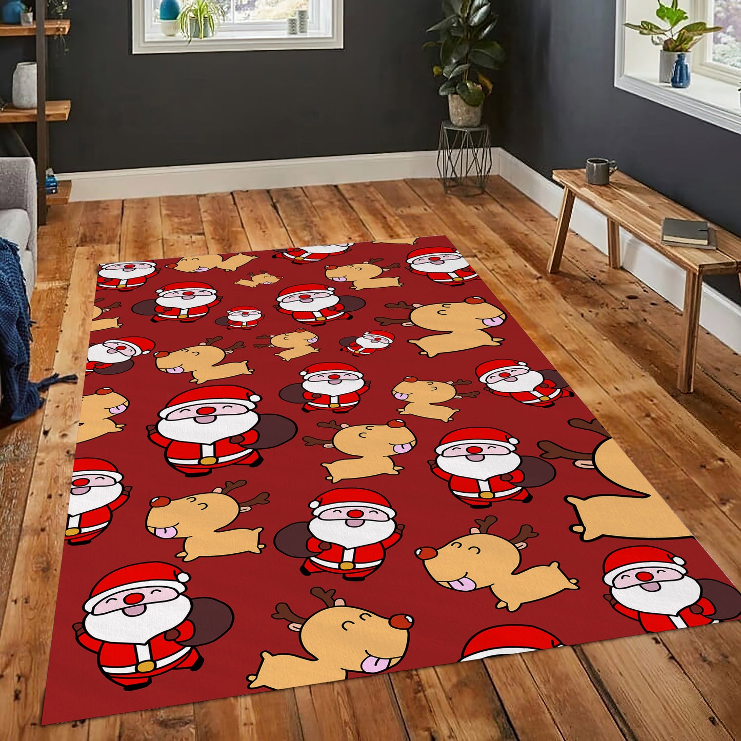 Santa Claus Themed Rug, Christmas Rug, New Year Decor, Reindeer Pattern Carpet, Christmas Gift