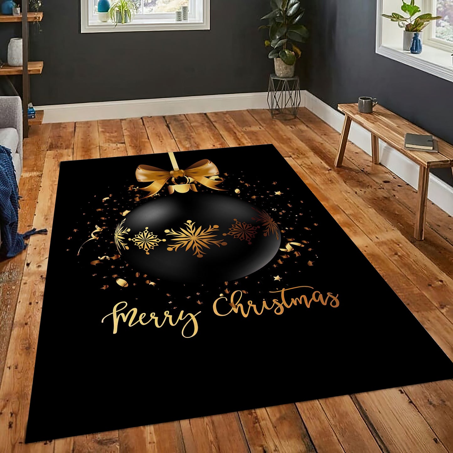 Black Merry Christmas Rug, Christmas Decorations, Xmas Carpet, New Year Rug, Noel Mat, Christmas Gift