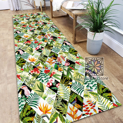 Tropical Pattern Runner Rug, Flamingo, Parrot, Flower Carpet, Kitchen Runner Rug, Hallway Carpet, Hawaii Runner Mat, Leaf Themed Carpet